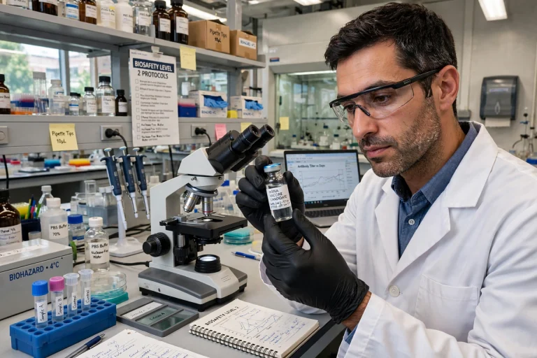 Researcher in a laboratory holding a vaccine vial for cancer immunotherapy research