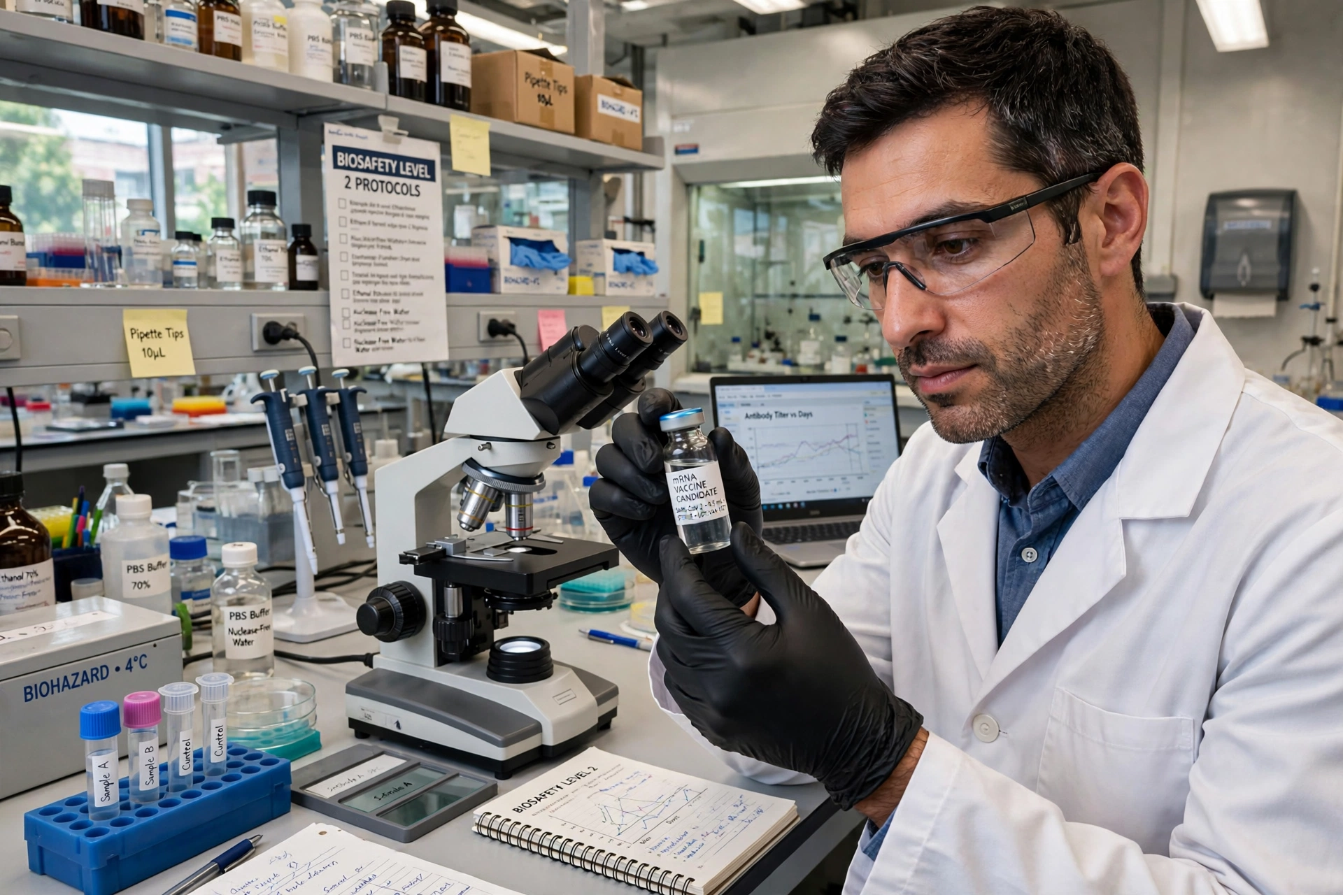 Researcher in a laboratory holding a vaccine vial for cancer immunotherapy research