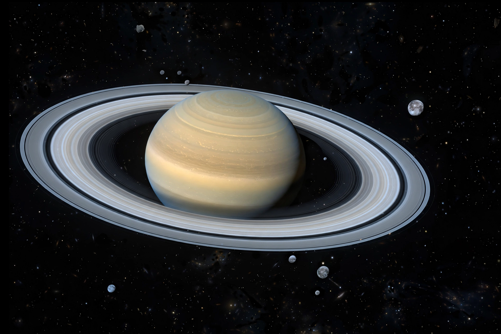Saturn and its rings surrounded by many small moons in deep space