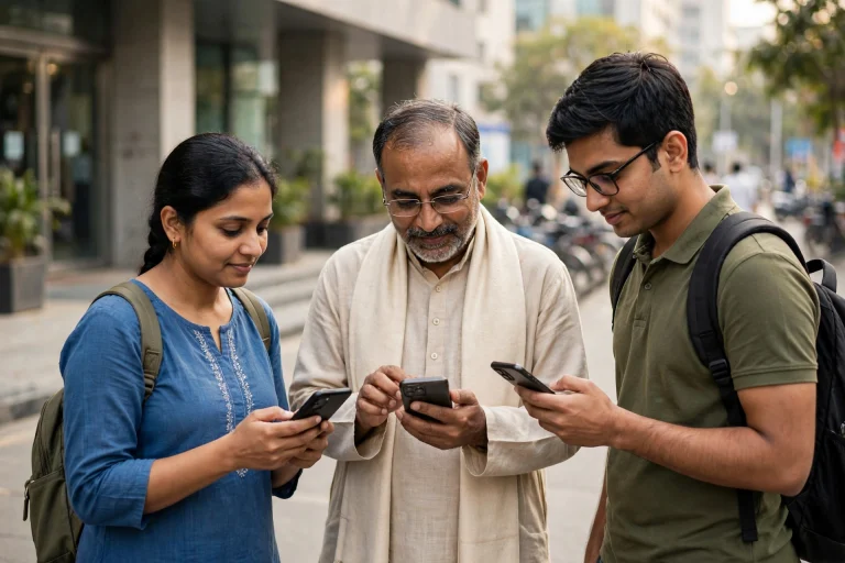 People in India using smartphones for Digital India online public services