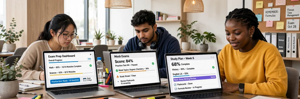 Students preparing for exams online with laptops and mock test dashboards